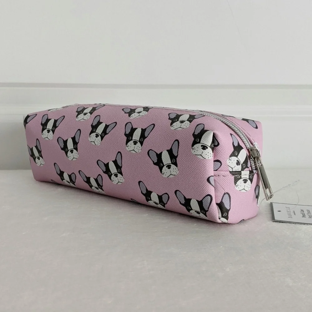 Boston Terrier Frenchie Small Cosmetic Pencil Case PVC Saffiano Pink NWT